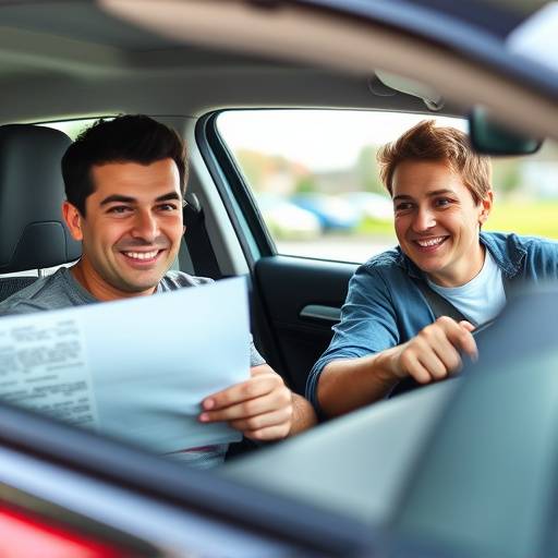 Learner driver in a driving lesson with instructor.
