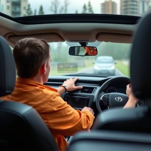 Sarah Johnson, a driving instructor, pointing at a diagram in the car.